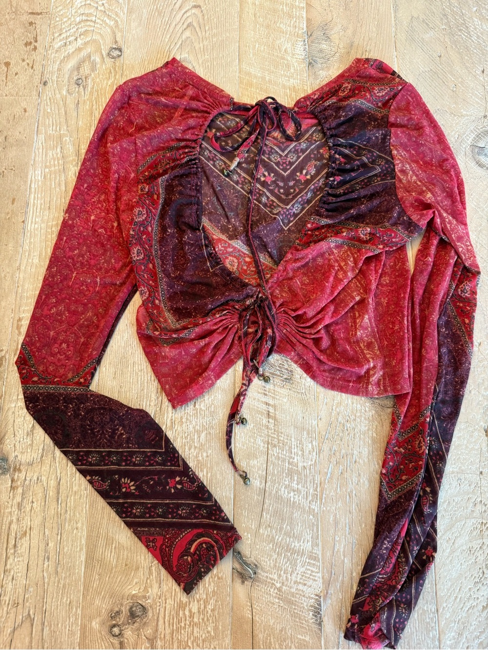 Free People Red Paisley Lace-Up Long Sleeve Crop Top M - Picture 8 of 9